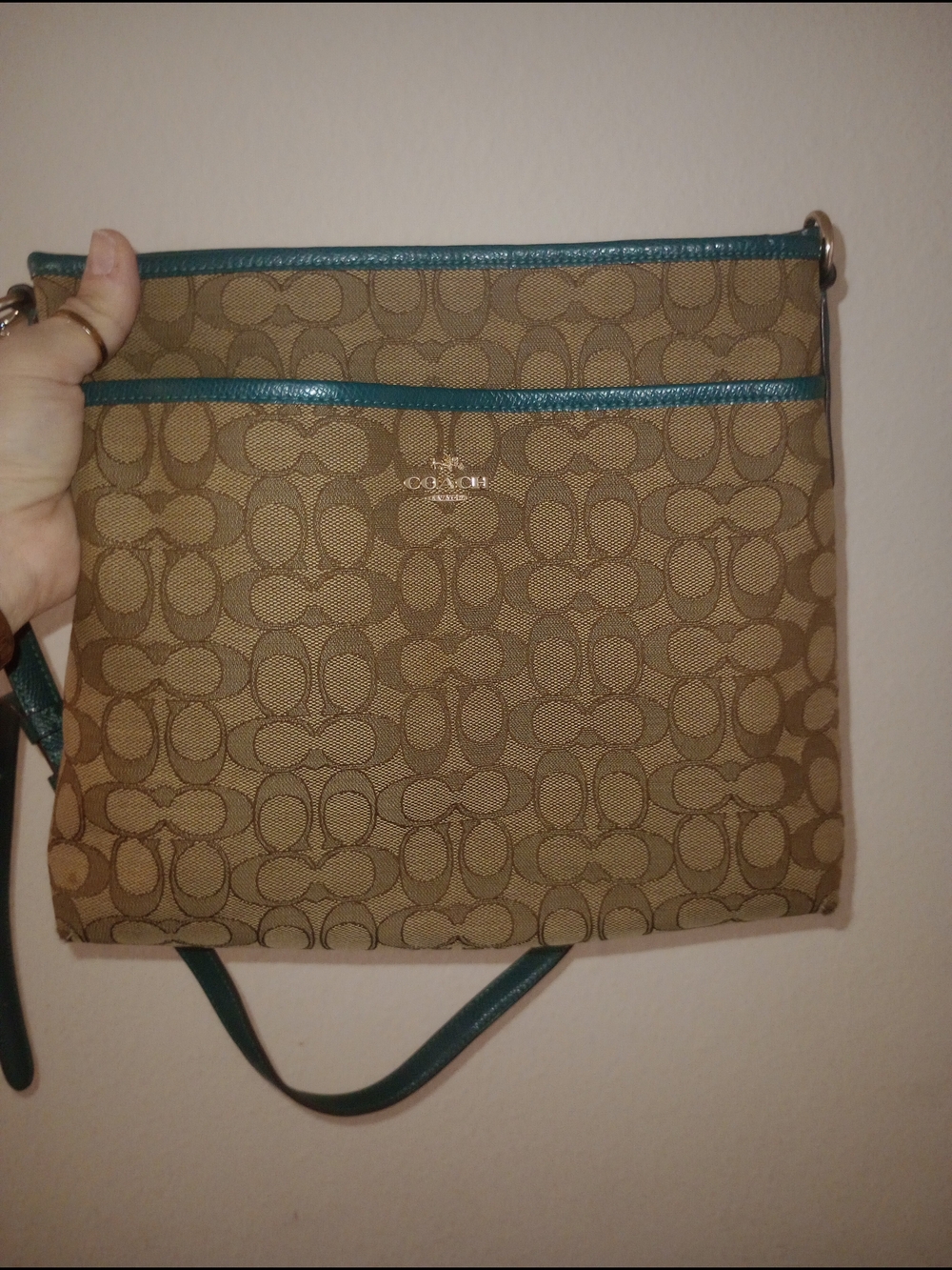 Coach Signature File Crossbody Bag in Brown Jaquard And Teal